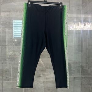 Ladies Black Active Leggings with Green & White Side Stripes